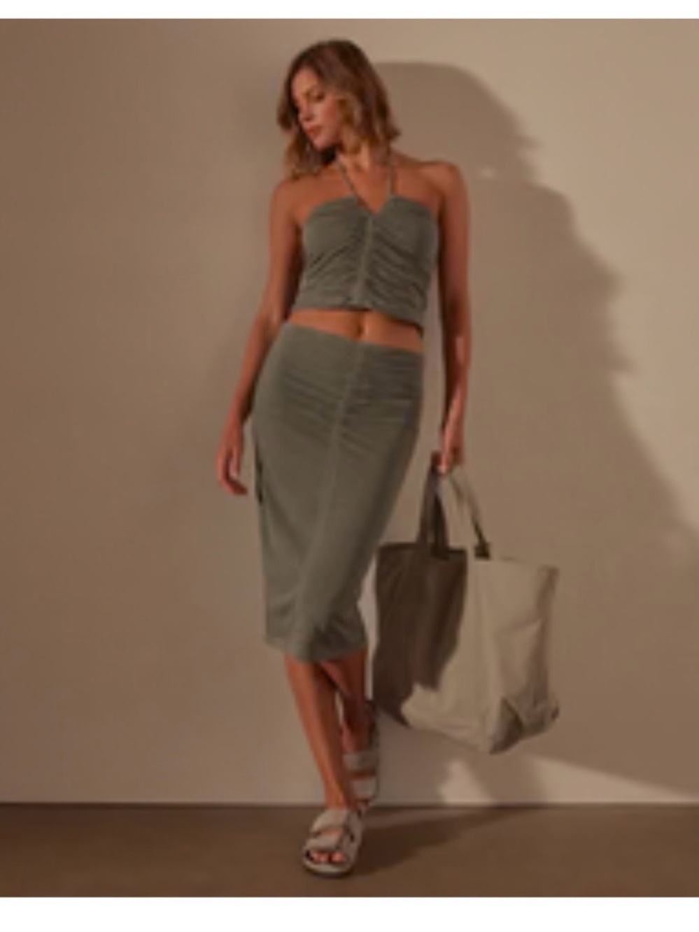 James Perse Skirt Size 1 - Green/Grey Ruched Midi Skirt